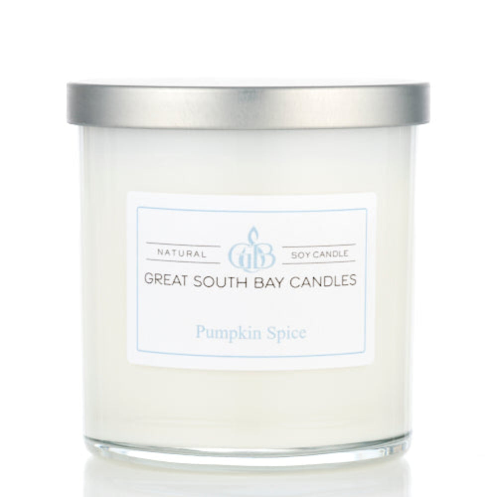 Great South Bay Candles Pumpkin Spice candle with a silver lid on a white background.