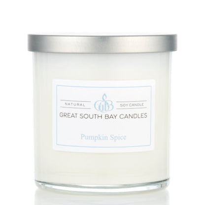 Great South Bay Candles Pumpkin Spice candle with a silver lid on a white background.