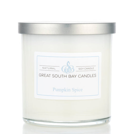 Great South Bay Candles Pumpkin Spice candle with a silver lid on a white background.