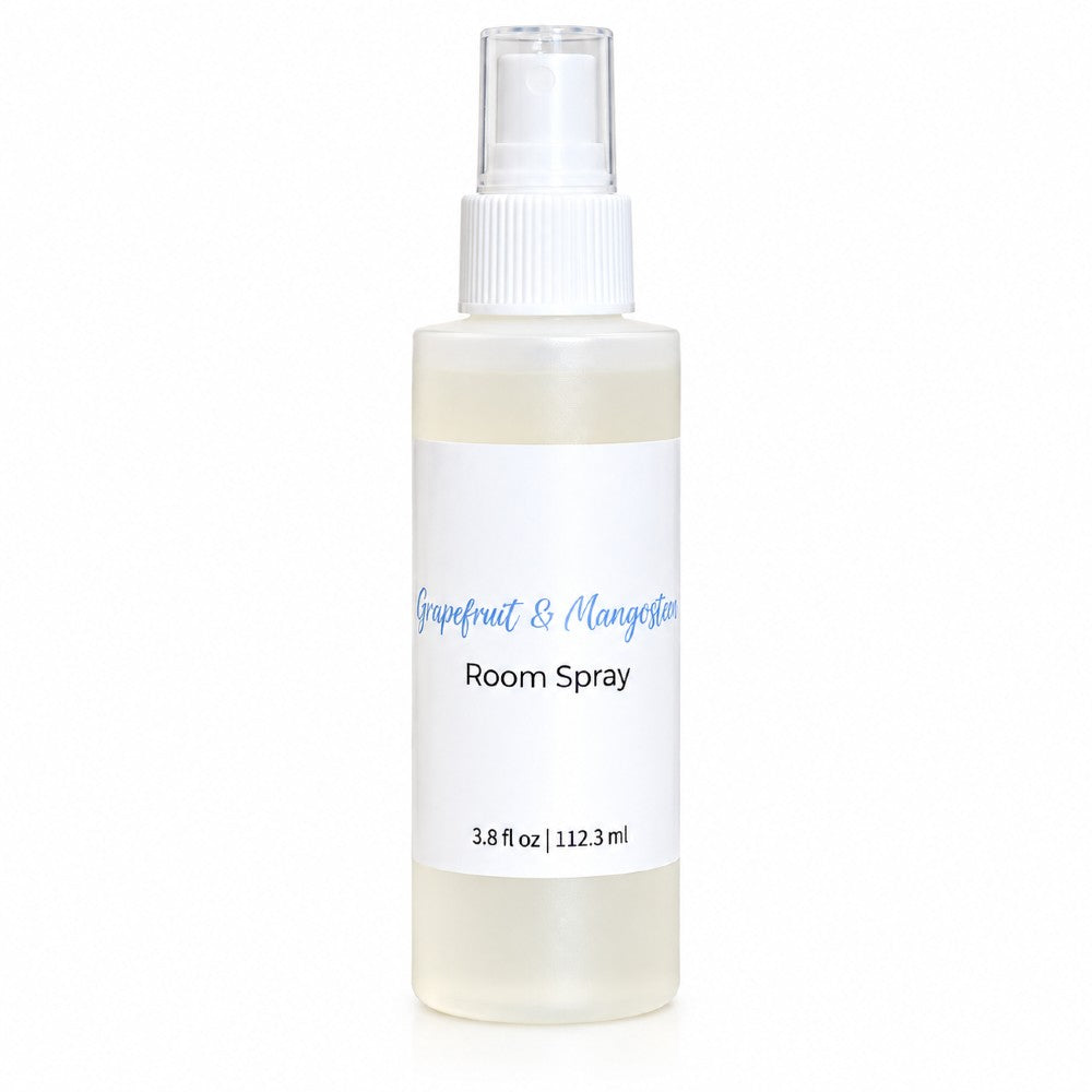 Grapefruit and Mangosteen room spray in a frosted 3.8fl oz plastic bottle made by Great South Bay Candle Company.