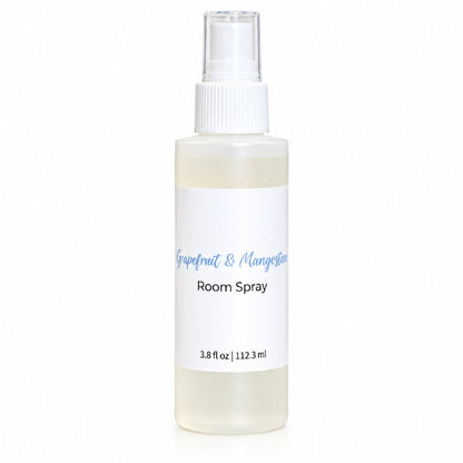 Grapefruit and Mangosteen room spray in a frosted 3.8fl oz plastic bottle made by Great South Bay Candle Company.
