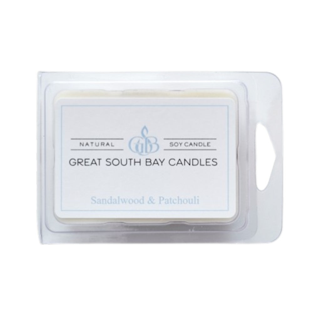 Great South Bay Candles Sandalwood and Patchouli wax melt package on a white background.