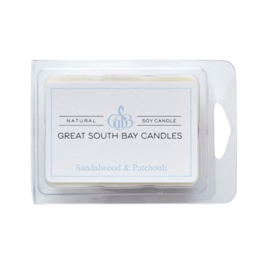 Great South Bay Candles Sandalwood and Patchouli wax melt package on a white background.