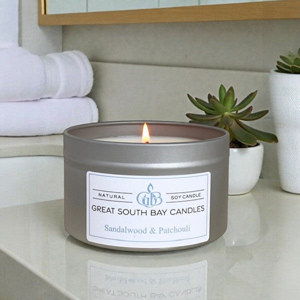 sandalwood and patchouli soy wax candle in a silver tin 