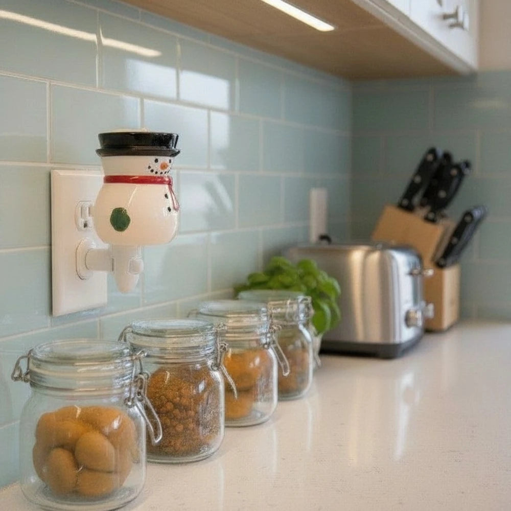 Snowman candle wax warmer plugged into a kitchen counter outlet.
