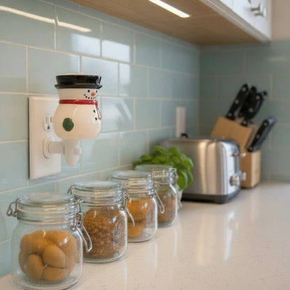 Snowman candle wax warmer plugged into a kitchen counter outlet.