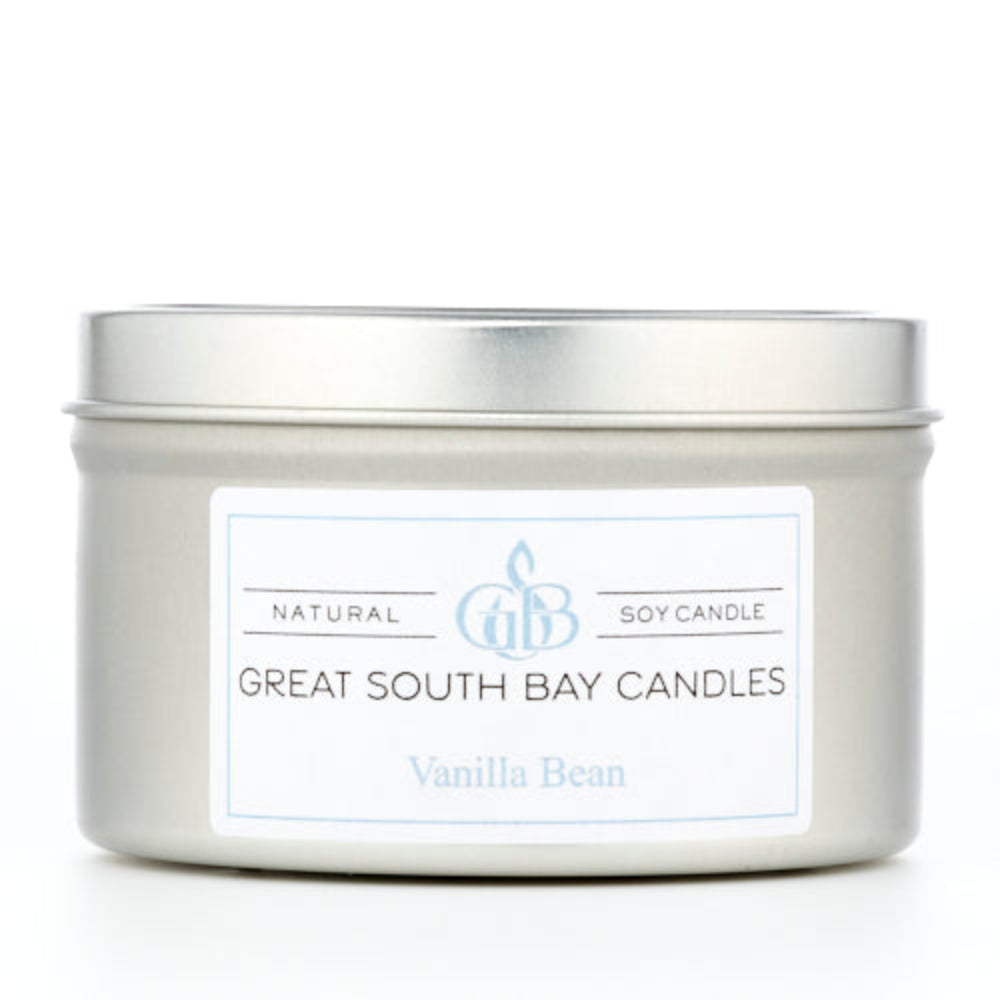 Vanilla Bean candle in a silver travel tin.