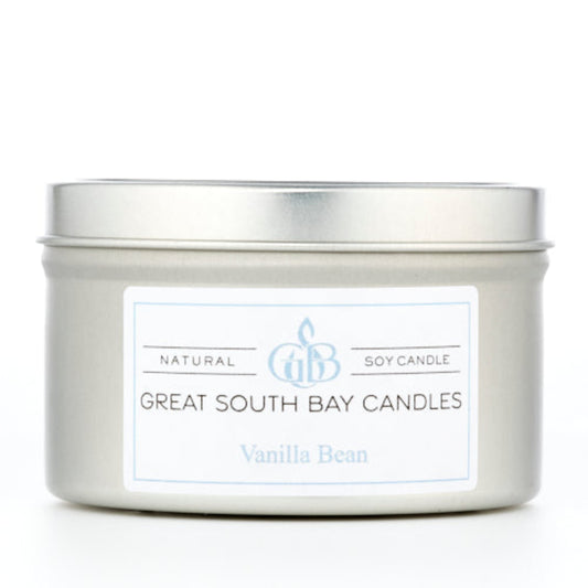 Vanilla Bean candle in a silver travel tin.