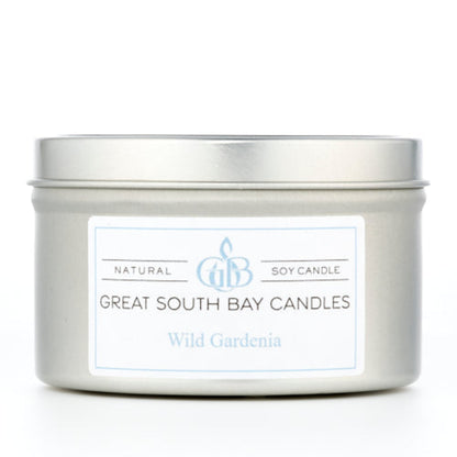 Wild Gardenia scented soy wax candle in a 6oz silver tin.