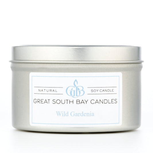 Wild Gardenia scented soy wax candle in a 6oz silver tin.