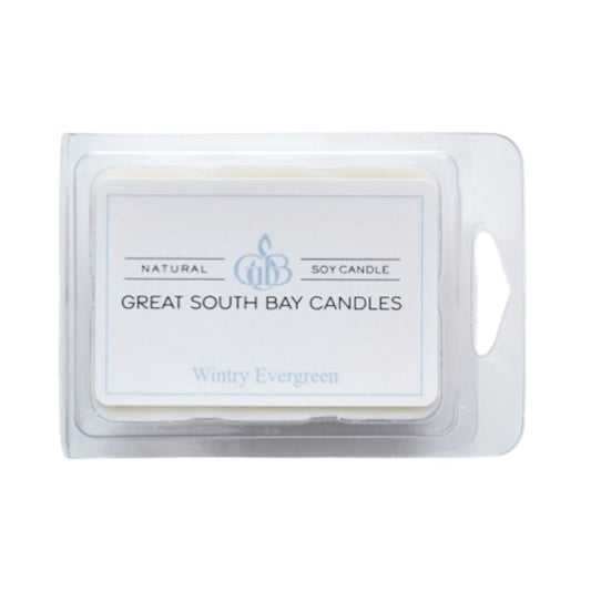 Wax melt package from Great South Bay Candles with Wintry Evergreen scent on a white background.
