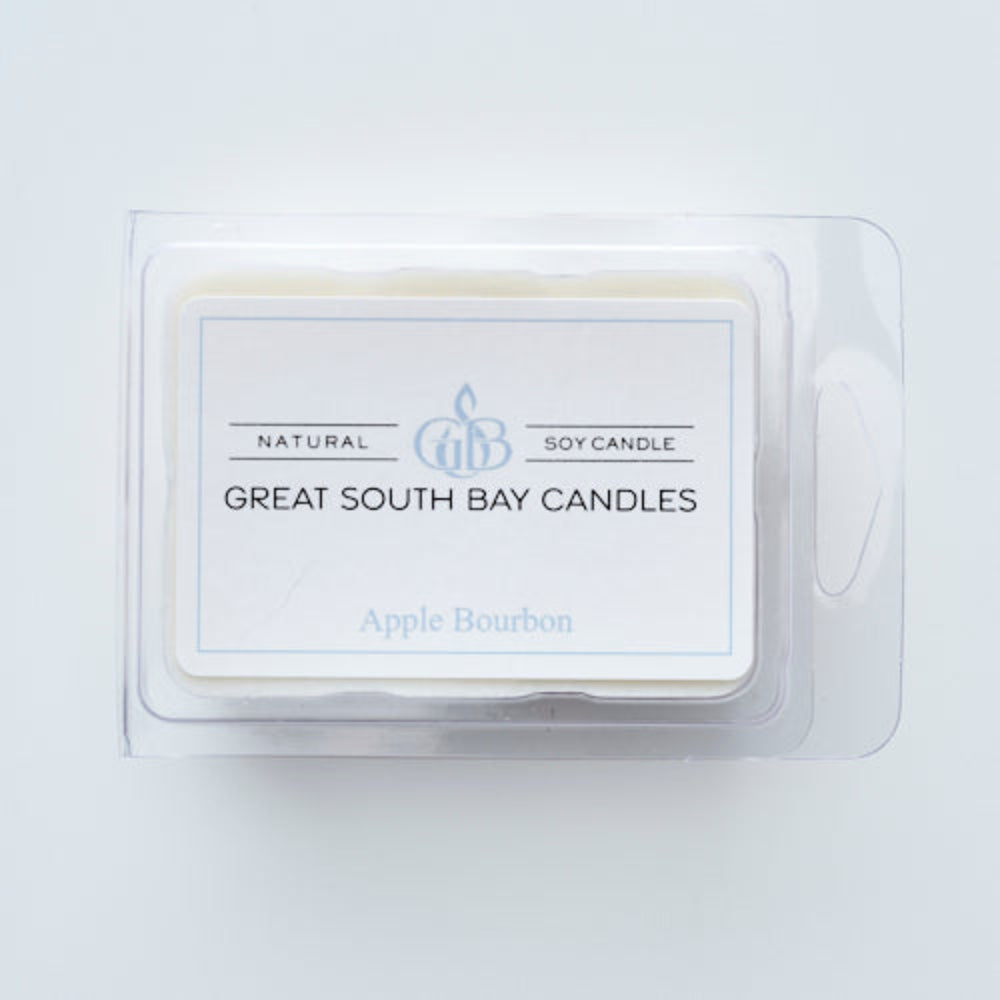 Package of Great South Bay Candles Apple Bourbon scent wax melts in clear packaging with a white label.